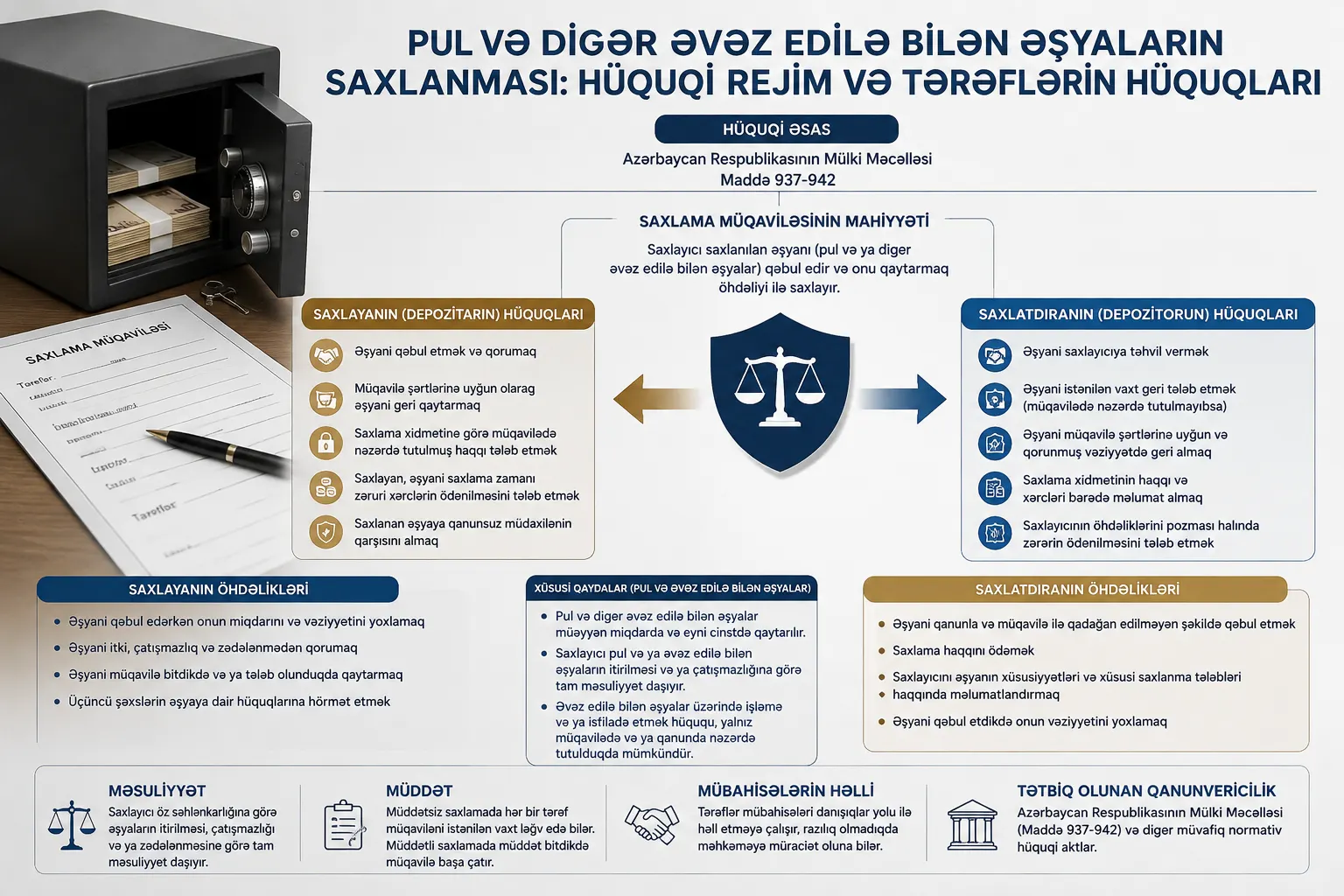 Pul və digər əvəz edilə bilən əşyaların saxlanması: Hüquqi rejim və tərəflərin hüquqları