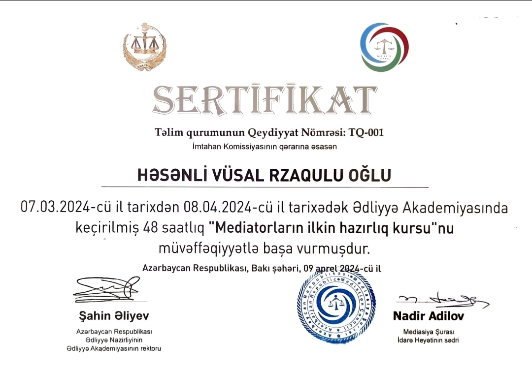 Mediatorların İlkin Hazırlıq kursu Sertifikat