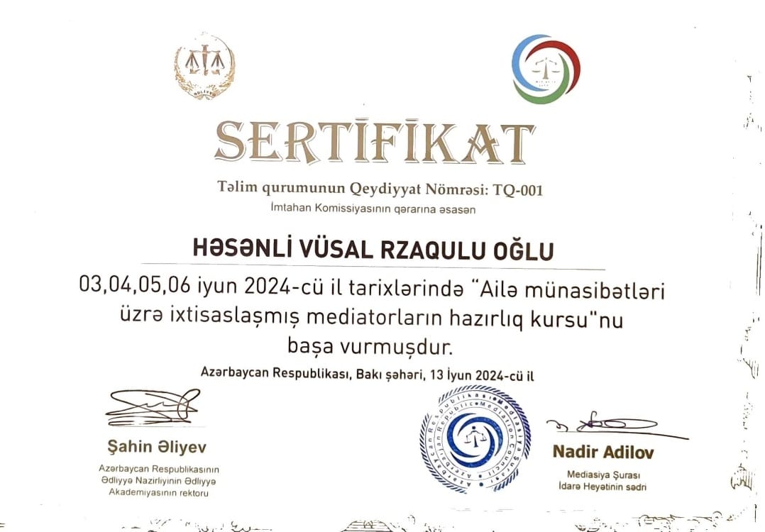 Ailə Münasibətləri üzrə İxtisaslaşmış Mediatorların Hazırlıq kursu