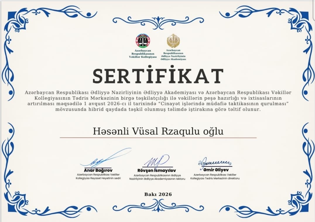 "Cinayət işlərində müdafiə taktikasının qurulması" təliminin SERTİFİKATI