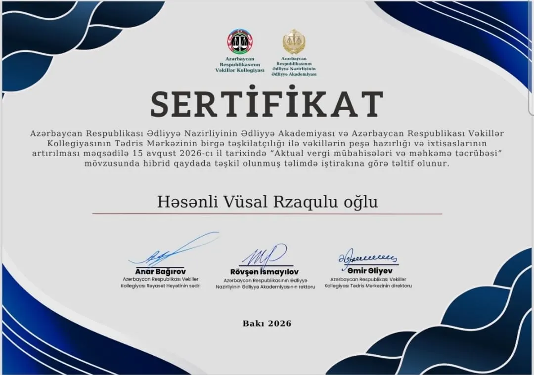 Aktual Vergi Mübahisələri və Məhkəmə Təcrübəsi üzrə Sertifikat